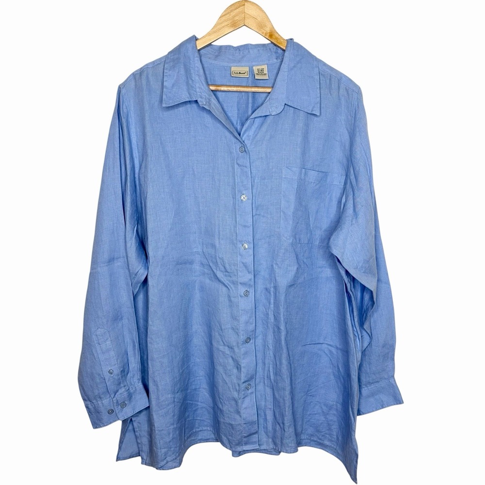 LL Bean Linen Button Up Shirt Blue Womens Size 2X Coastal Beachy Resort Career